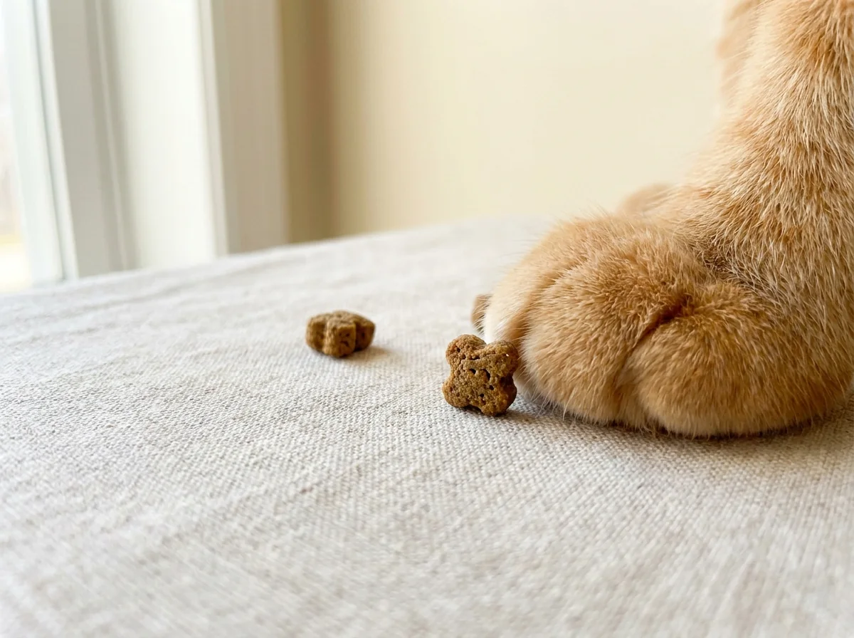 Small bite-size cat dental treats next to a cat paw for scale