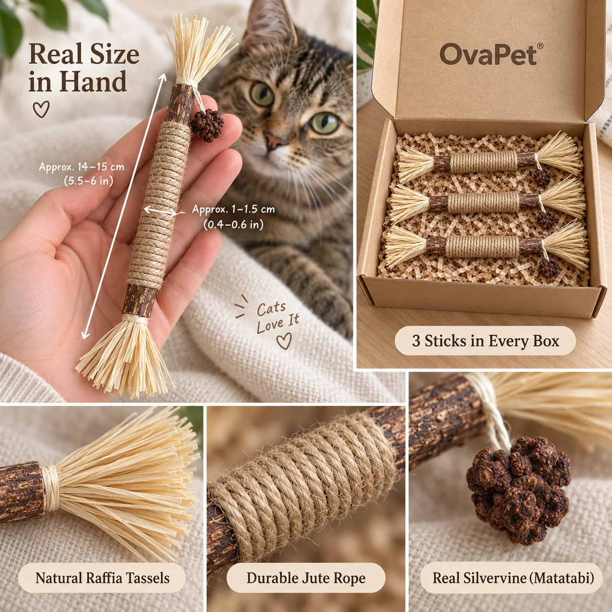 OvaPet silvervine chew stick details, real size and box contents