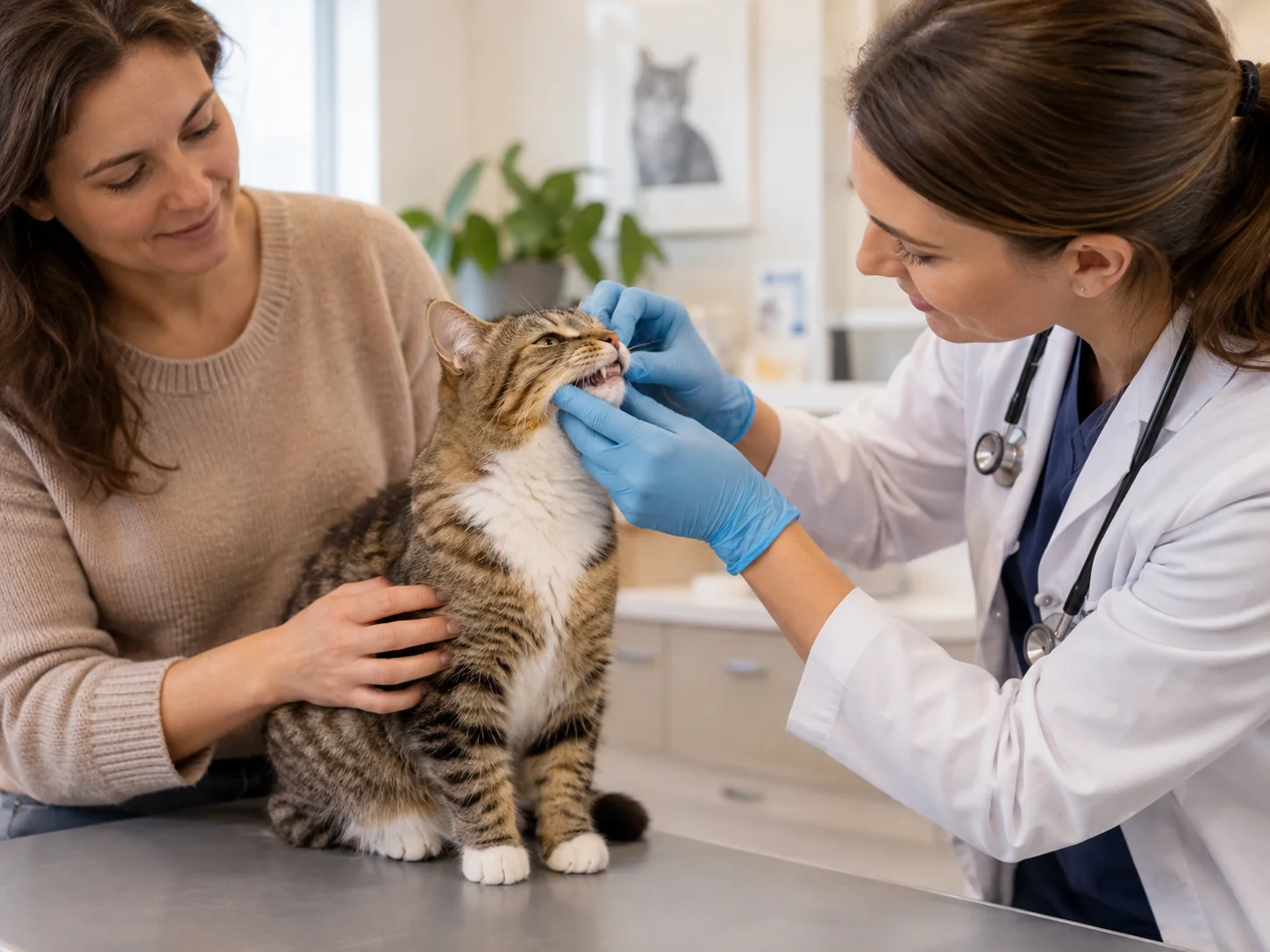 Routine veterinary mouth check for a calm, healthy-looking cat