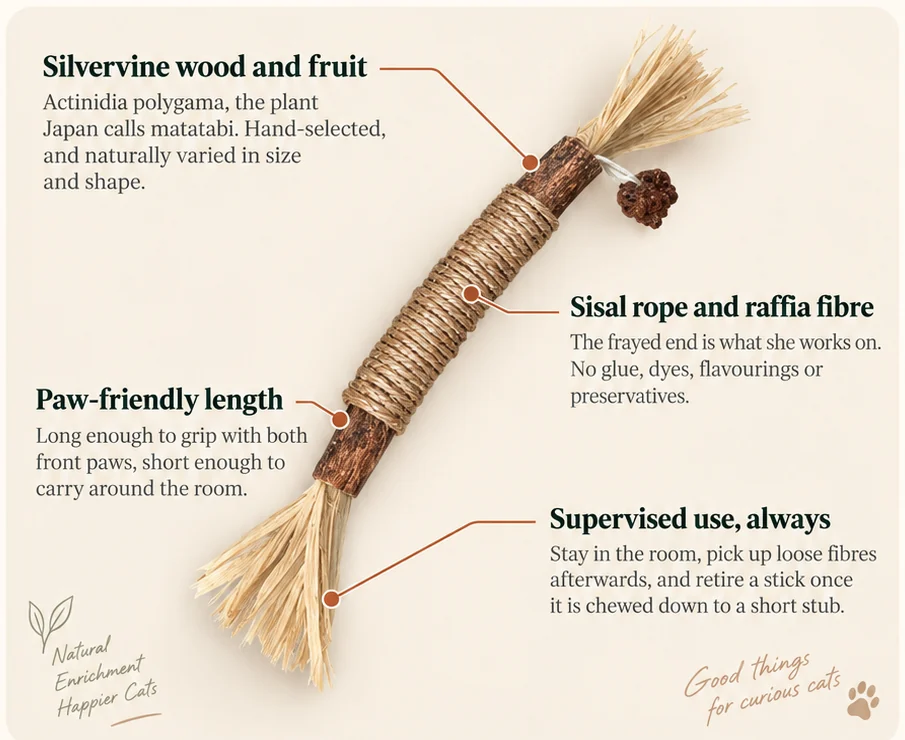 OvaPet silvervine chew stick anatomy with silvervine wood, sisal rope, raffia fibres and supervised-use callouts