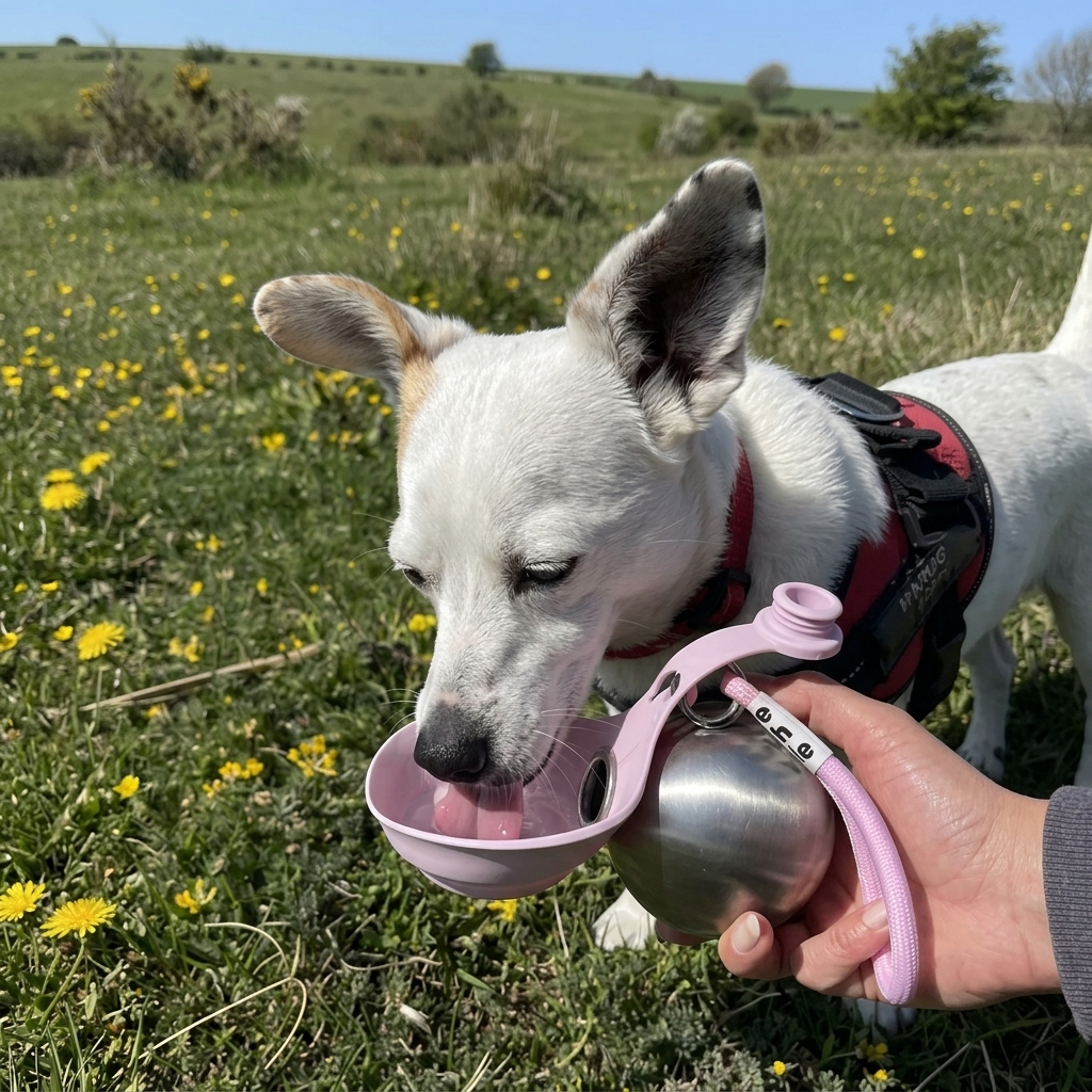 Happy dog drinking from OvaPet portable water bottle